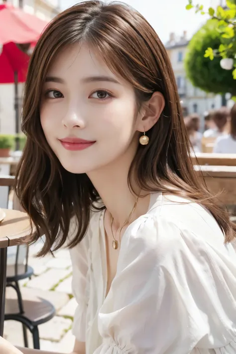 masterpiece, Highest quality, realistic, Very detailed, Finer Details, High resolution, 8k wallpaper, One beautiful woman,Wear a nice blouse, On the terrace of a lovely cafe, 、 pale brown hair、Hairstyle Shortcut 、Wavy Hair、、  I ear piercing、necklaces、smile...