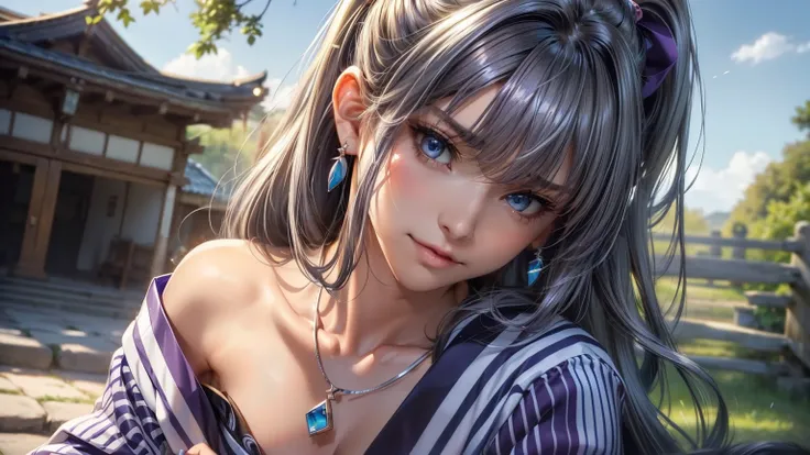 #Basics A girl is posing for a photo, cute anime girls, (((One Girl, Baby Face, ))), 
break 

#Clothing Accessories 
((Purple and white)Yukata : Striped pattern + Blue Band + Long sleeve + Wide sleeves, ability), 
(big silver necklace, Silver earrings, Hai...