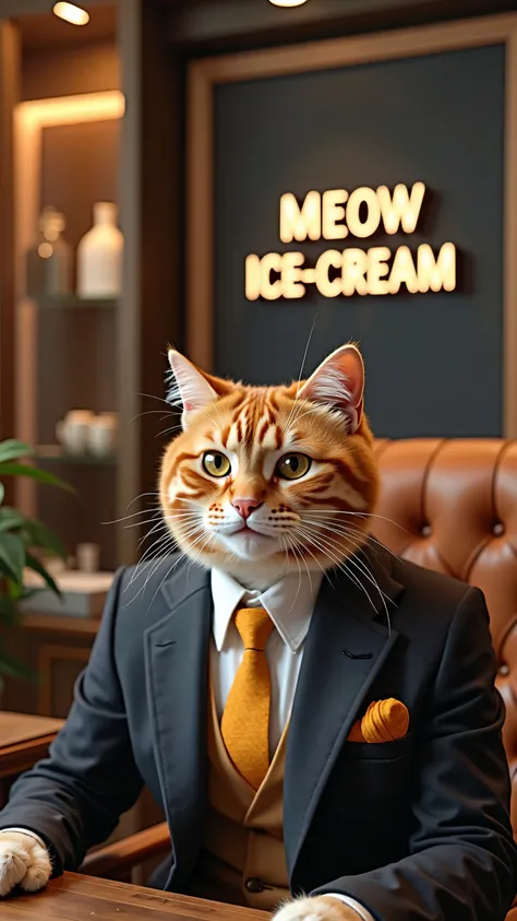  inside a high class super luxury brand watch and jewelry office on a top high rise building in New York city, inside the office there is a sign that says : " Meow Ice-Cream " and a elegant orange cat wearing a suit seating in a leather chair behind a desk...