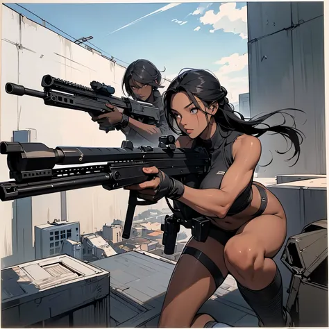 nsfw, very long shot, (sketch, traditional media:1.2), perfect anatomy proportion body, perfect anatomy hands,  action,  dynamic composition with a sense of speed and dynamism, (Firing an assault rifle, shooting:1.6),  a woman with sex appeal, 40 years old...