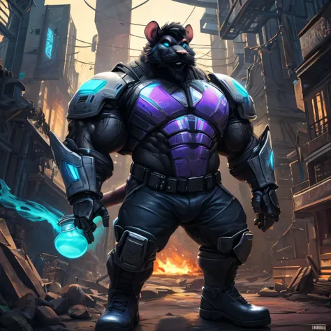 A soldier anthropomorphic mutant rat wearing a futuristic cybernetic armor.  He has a tentacle on his back holding a blue glowing potion, he is stealing in futuristic city ruins at night. (realistic, detailed, dynamic scene, well-built body, 1.6 meters tal...