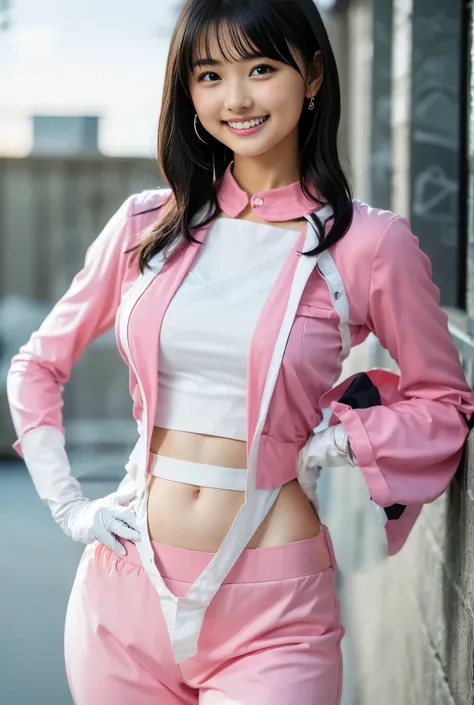 （8k、Raw      photos y、最  high quality、masterpiece：1.2),(    black hair、 dark eyes:1.8),(    Pink Ranger、   Heroine Costume   :1.3)、  viewer,    front view,(White latex gloves:1.2)、(  thin waist:1.6)、( バストラインを強調する  Pink Rangerのコスチューム :1.4)、( big bust and st...