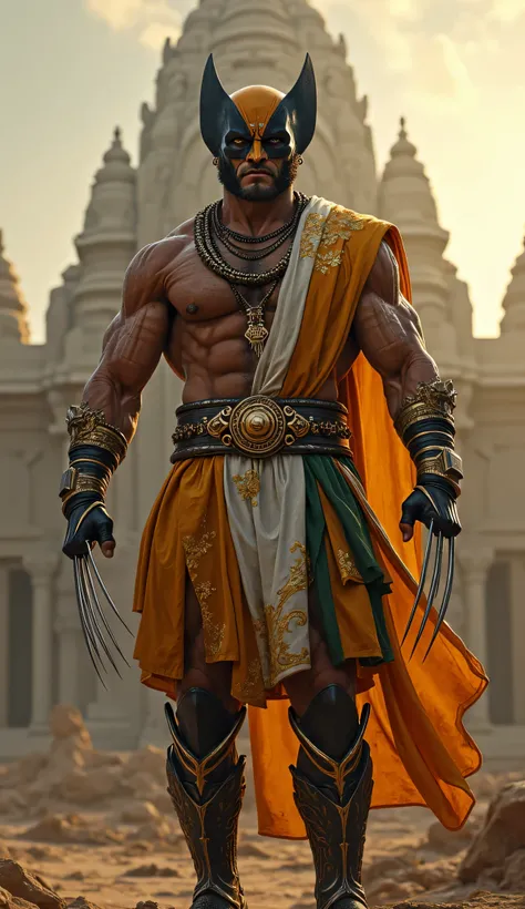 "A hyper realistic Wolverine infused with Indian warrior aesthetics, donning a saffron, white, and green battle suit with intricate golden engravings. His claws shimmer like ancient steel, inspired by Indian weaponry. His mask is deep saffron with silver l...