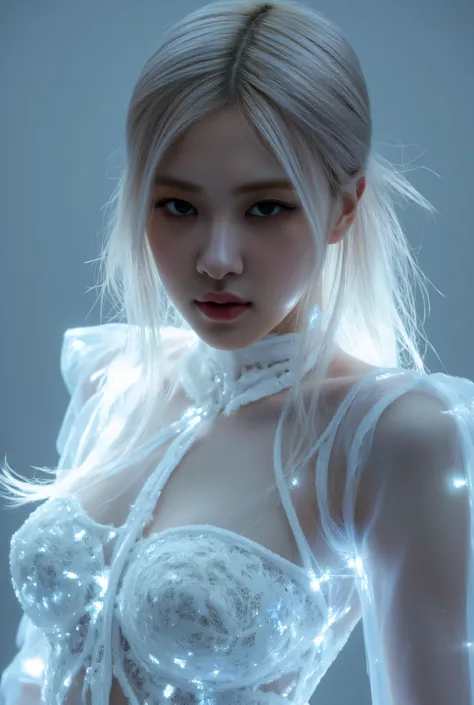 ((jewel_light element)), (Translucent luminous hair), (girl made of light: 1.2, Long wavy hairstyle with delicate features and light), (minimalism: 0.5), (Frontal close-up angle above the waist: 1.3), 4K, HDR, acid graphics, fantasy work, [Detailed and viv...