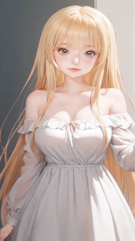 a close up of a woman in a white dress with long blonde hair, blonde  anime girl with long hair , Loli in dress,  anime girl with long hair , skirt revealing clothes,  seductive anime girl ,  Cute anime waifu in a pretty dress, fluffy chest,  anime visual ...