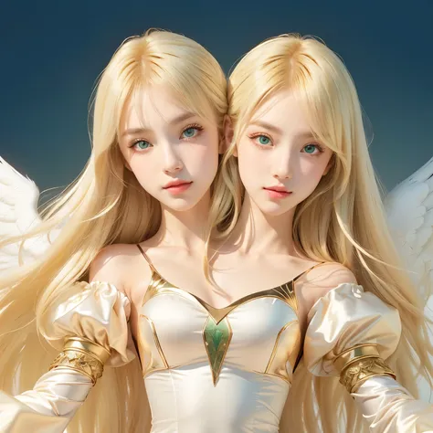 )2heads:1.2), two blonde haired girls with green eyes and long hair, epic tale of the twin sisters, 2 angels, beautiful gemini twins, beautiful gemini twins portrait, two beautiful anime girls, anime in fantasy style, twin souls, beautiful sci - fi twins, ...