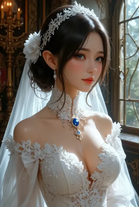  best quality , Super quality, 16k,  Unbelievably Absurd,  very detailed,  lovely photo,  delicate and dynamic,  Kiri Reina female,  seductive smile,  pure white wedding dress ,  great style , bouquet,  steampunk,  DIESEL PUNK ,  clock punk ,  cyberpunk, G...