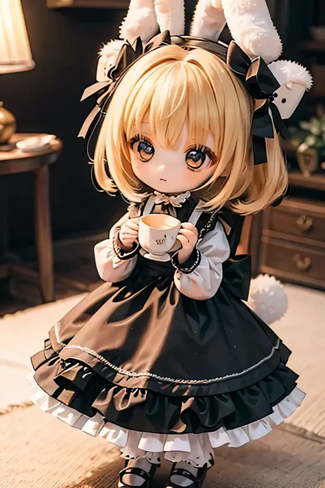 
         rabbit girl        、      chibi    、     young girl、       Tea in a tea room dressed in gothic lolita clothes