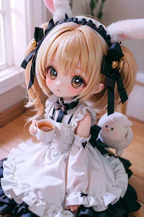 
         rabbit girl        、      chibi    、     young girl、       Tea in a tea room dressed in gothic lolita clothes