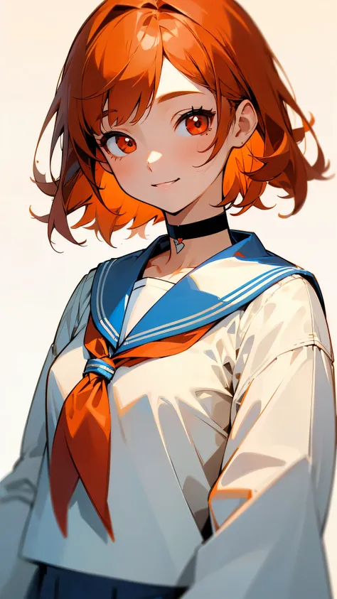 1 girl、upper body close-up、Sailor suit based on white 、jacket、skirt、choker、 medium orange hair 、Round red eyes、flat chest、smile