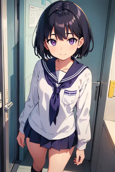 elementary school  toddler flat chest black hair wavy short hair purple eyes smile（（One person））upper body white long sleeve sailor suit lower body navy blue mini skirt white panties （（panties））white socks sneakers standing in front of school classroom ent...