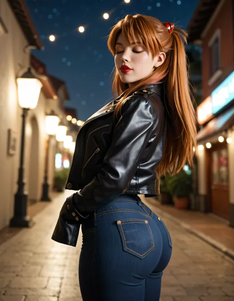 Asuka Langley Sōryū /  Evangelion, An 18-year-old girl wearing black jeans and a black leather jacket, long red hair, make-up, Deep red lips, mouth shut, eyes closed, Lost Look, medium breasted socks, Not suitable for work,  fat ass, thick thighs, wide hip...