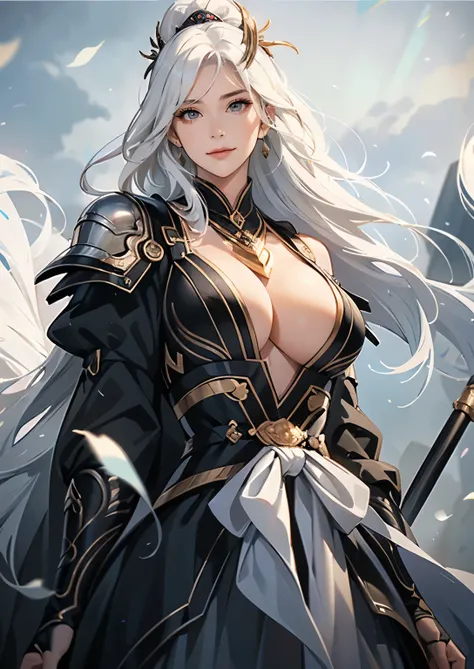 (((Maintain color ))), ((( picture style maintenance ))), ((Maintain the composition)),  attractive woman , perfect face, ((black eyes)), ((white hair)), (big boobs), ((Beautiful woman with her chest valley exposed)), armor,  small smile , Hands on waist