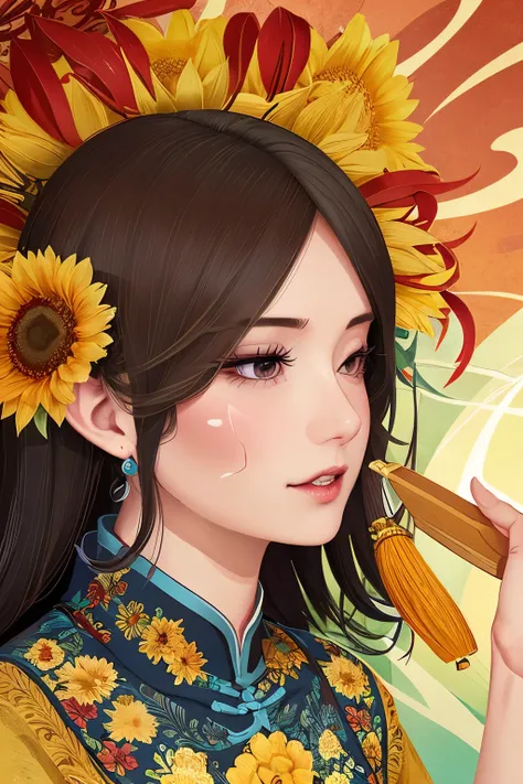 requires graphic illustration Chinese style,with sunflower elements,Women in Mongolian costumes,Clear facial features, No Hands
