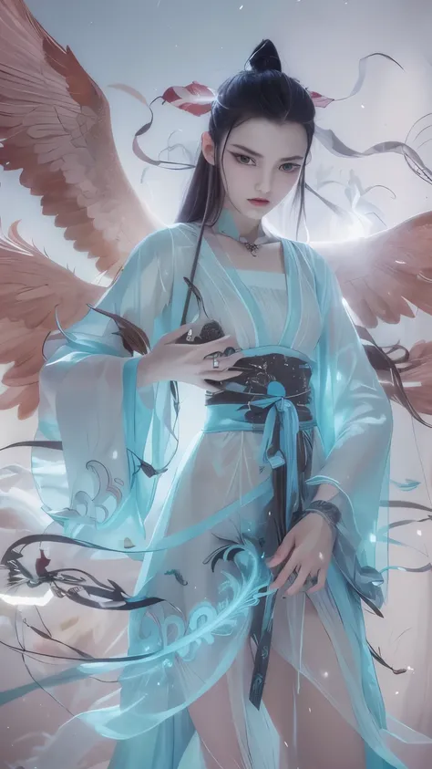 The skirt is light like a crane feather，It is like a red-crowned crane spreading its wings when moving，Dexterity and fairy。The face is beautiful and beautiful，The eyebrows are soft but implied strength，Her long hair is tied up，embellished with crane feathe...