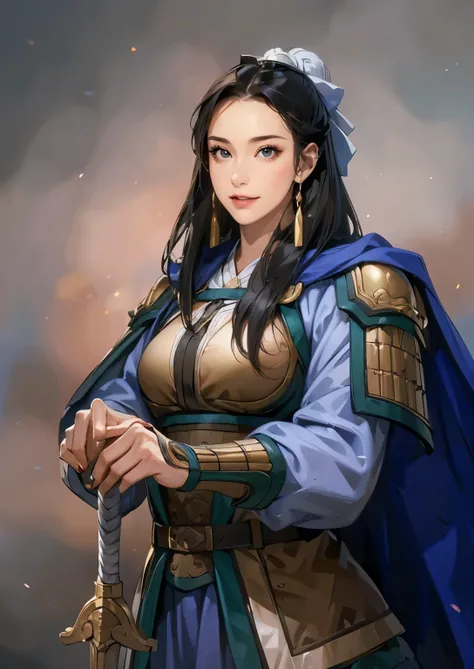 (((Maintain color ))), ((( picture style maintenance ))), ((Maintain the composition)),  attractive woman , perfect face, ((black eyes)), (( black hair)), (big boobs), ((Beautiful woman with her chest valley exposed)), armor,  small smile , 