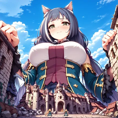 (best quality, masterpiece, Ultra High Definition, Hi-Res), Beautiful 8K CG Artwork , ((stand up))、2girls,Maubica , giant, little woman,KARIL - (((( princess connect!: Dive - Cal Princess Form )))),ANIMAZINE XL Cat ears、 super huge breasts、 is em...