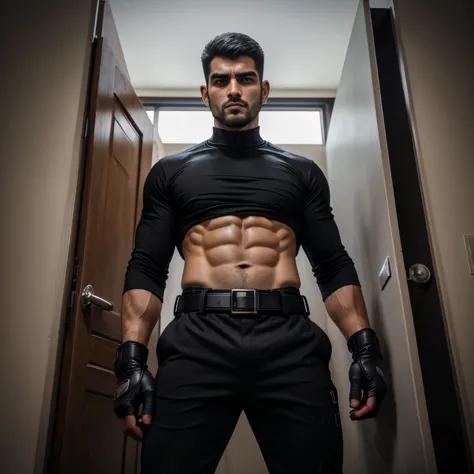 Age 27、handsome guy , 1 man,black long sleeve t-shirt。 short hair short hair 、Guarding in front of the door、manly fighting poses　　 as seen from below。　upper body ups 　 Menacing look　　 black slim pants　　 black gloves　Champion Belt　　upper body ups　 black sli...