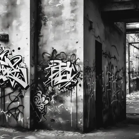 (((black and white graffiti, Bansky style))), (deteriorated wall with soft grayscale color), full hd, 8k