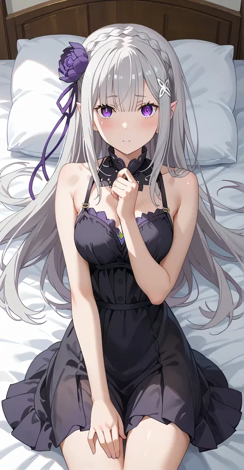 score_9, score_8_up, score_7_up,source_anime,rating_explicit, BREAK, 1girl, solo, anime screencap, anime coloring, shimilia, long hair, grey hair, purple eyes, pointy ears, crown braid, hair flower, hair ribbon, purple ribbon, x hair ornament, masterpiece,...
