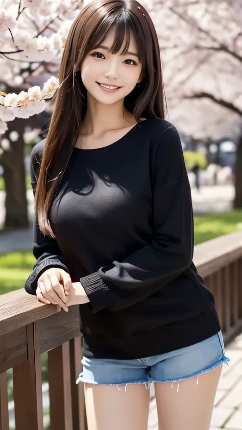  masterpiece、Top Quality、full body、one girl、bangs、  Japanese、     black hair、 long hair、   Long Sleeve 、cherry blossoms、  knit  、smile、 alone、 stylish woman 、Brightly colored clothes、Front  、 luxury background material   、 confident expression、Modern and t...