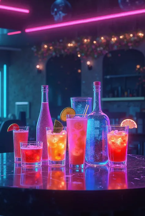 A table filled with colorful drinks, cores neon.