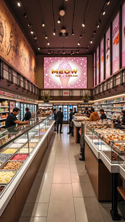 inside a luxurious huge ice cream store completely filled  with lots of flavours, tables, ice cream, fridges with drinks, people shopping around, displays with sweets, displays with ice cream, counter tops with food and sweets for sale. a large sign on the...