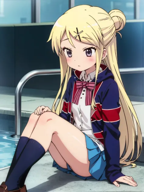 1girl with thick thighs in a miniskirt sitting poolside solo KUJO KAREN UNION JACK JACKET, STRIPED BOW, WHITE SHIRT, LONG SLEEVES, PLEATED SKIRT, BLUE SKIRT, KNEEHIGHS Karen's face, knees, and thick thighs