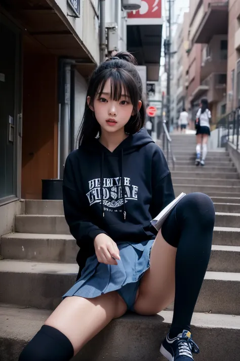 masterpiece, Sit with your legs open on a concrete staircase,Hide your hands behind your back, female elementary school student ,spread legs,navy blue hoodie,((denim pleated miniskirt)),sneakers((black knee high socks)),( high quality panties for elementar...