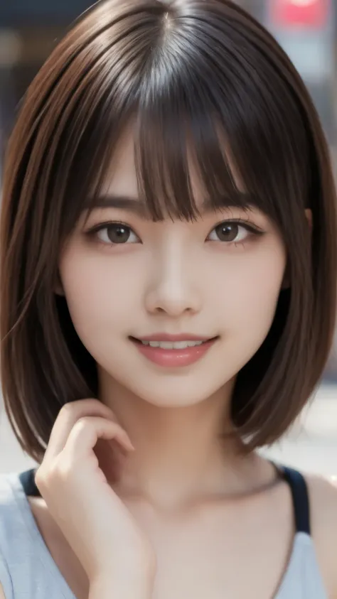 (((face close-up))、((brown、 shoulder length、straight short bob))、((she has the New York skyline in the background、poses like a model in a beauty salon。.)))、(casual black long-sleeved winter attire))、 18 year old girl 、Independent、 The house uses positive、...