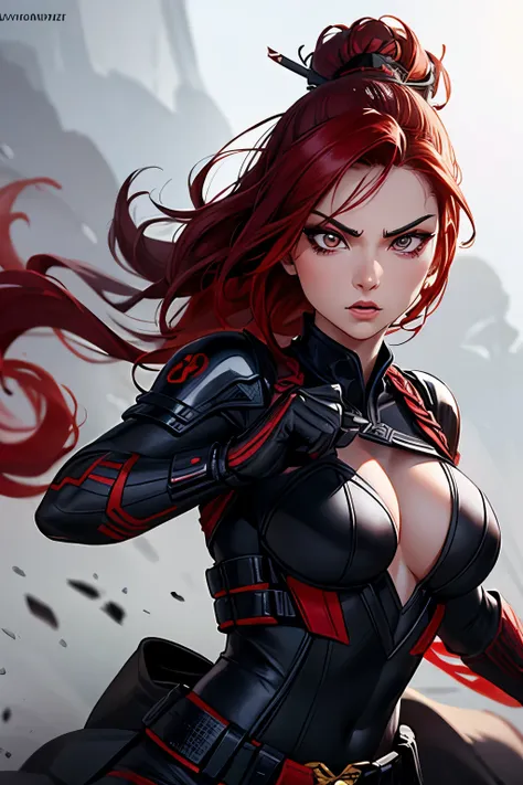 A dramatic and dynamic vector art illustration of Black Widow (Natasha Romanoff) reimagined as a samurai warrior. She stands in a powerful battle stance, with a katana sword held firmly in both hands, ready for combat. Her sleek, red hair is tied in a trad...