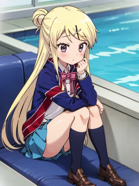 1girl with thick thighs in a miniskirt sitting poolside solo KUJO KAREN UNION JACK JACKET, STRIPED BOW, WHITE SHIRT, LONG SLEEVES, PLEATED SKIRT, BLUE SKIRT, KNEEHIGHS Karen's face, knees, and thick thighs