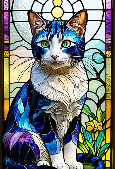 Colourful cat close-up、Stained Glassアート、Stained Glassスタイル、sparkling stained glass background、Cat-themed 、colorful stained glass、gothic stained glass style、backlit stained glass、complex stained glass、Stained Glass、Stained Glass、psychedelic cat、Inspired by L...