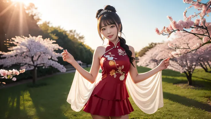 ① "body Perfect red and gold China dress, creating a captivating scene that captivates the viewer {x} cute miniskirt with many layers of frills layered on top of each other {x} capture them dancing gracefully in a mysterious prairie wrapped in a golden sun...