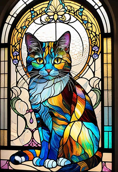 Colourful cat close-up、Stained Glassアート、Stained Glassスタイル、sparkling stained glass background、Cat-themed 、colorful stained glass、gothic stained glass style、backlit stained glass、complex stained glass、Stained Glass、Stained Glass、psychedelic cat、Inspired by L...