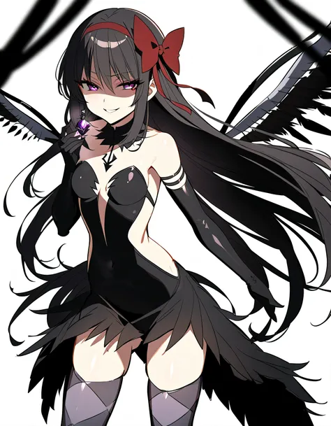 1girl, akuma homura, solo, long hair, wings, gloves, elbow gloves, black hair, smile, purple eyes, thighhighs, black gloves, argyle legwear, argyle, bare shoulders, looking at viewer, dress, soul gem, hair bow, bow, choker, feathered wings, white backgroun...