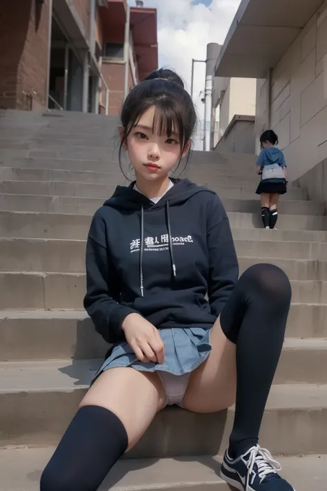 masterpiece, Sit with your legs open on a concrete staircase,Hide your hands behind your back, female elementary school student ,spread legs,navy blue hoodie,((denim pleated miniskirt)),sneakers((black knee high socks)),( high quality panties for elementar...