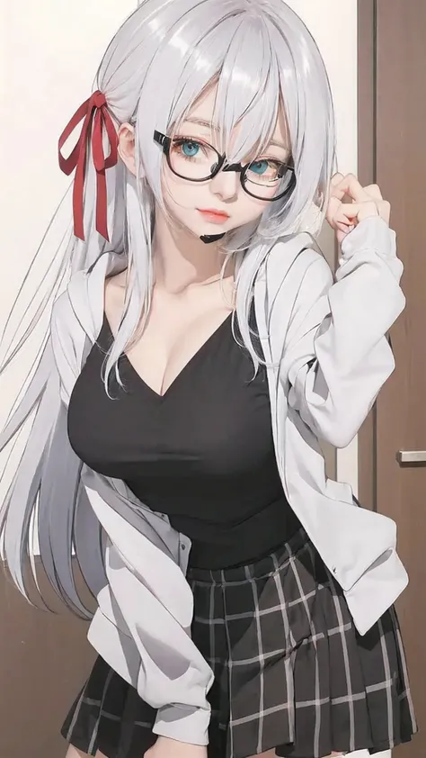 anime girl with glasses and a black top posing for a picture, perfect white haired girl, seductive anime girl, white haired, beautiful anime high school girl, with glasses, anime moe artstyle, white-haired, anime best girl, anime visual of a cute girl, an ...