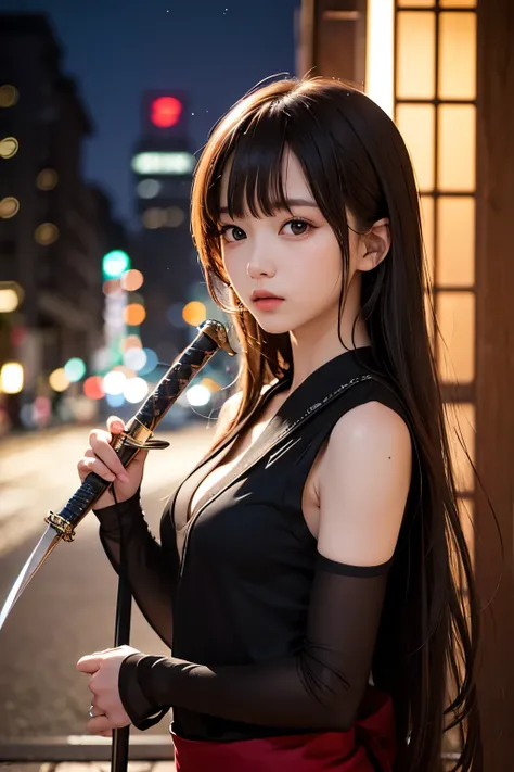 Masterpiece, best quality, great quality, very beautiful, absurd, one girl, serious expression, medium hair, ninja, sexy, brown eyes, holding a Japanese sword, night, motion blur, hazy air, blurry foreground