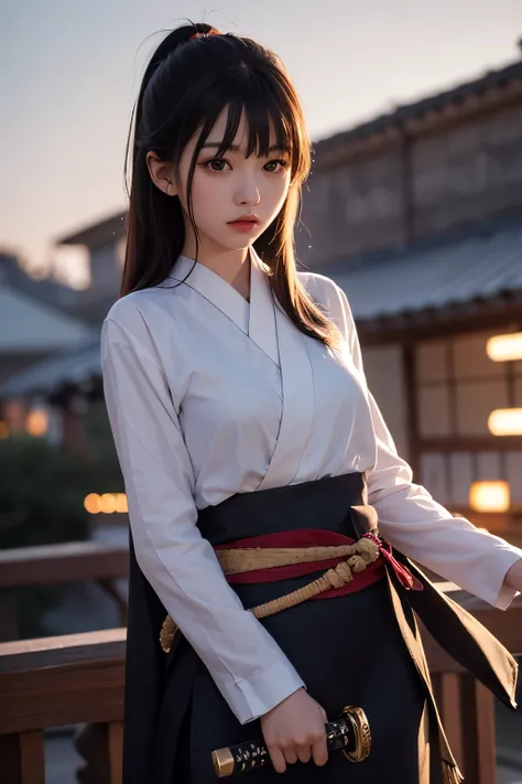 Masterpiece, best quality, great quality, very beautiful, absurd, one girl, serious expression, medium hair, ninja, sexy, brown eyes, holding a Japanese sword, night, motion blur, hazy air, blurry foreground