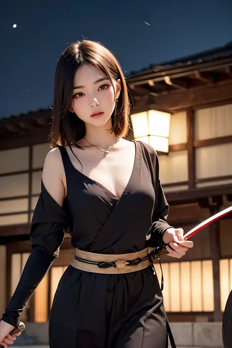 Masterpiece, best quality, great quality, very beautiful, absurd, one girl, serious expression, medium hair, ninja, sexy, brown eyes, holding a Japanese sword, night, motion blur, hazy air, blurry foreground