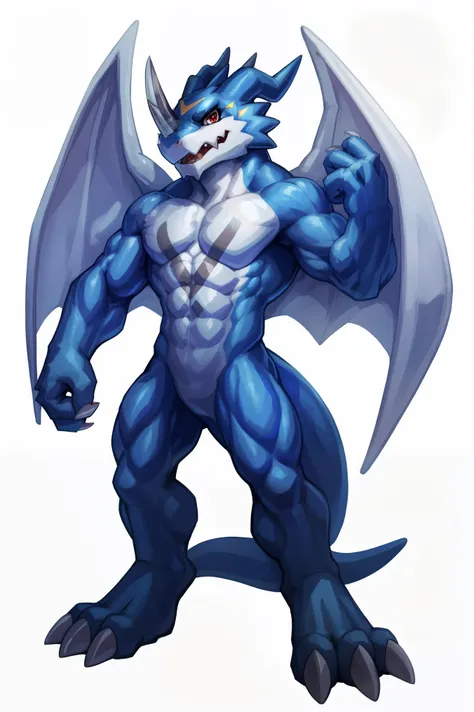 (Exveemon (Digimon)):0.9), (pose:1.3), (posing:1.3), (soft shading), 4k, hi res, three fingers, red eyes, anthro, scalie, featureless crotch, claws, blue skin, membranous wings, muscular, horns, tail, blue body, featureless crotch, featureless chest, muscu...