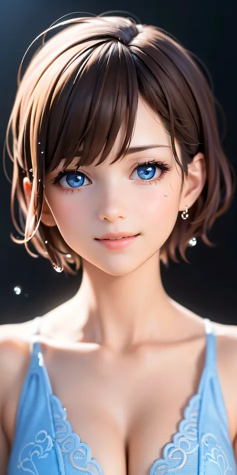 baby face, ( brown short hair :1.5,Halterbra:1.5), (photorealistic:1.8), (masterpiece,  sidelights in the form of drops, Exquisitely Beautiful Eyes: 1.5), masterpiece* portraits, realistic, 3d face,(cute face), front view: 1.6、 ( Sparkling Blue Eyes :1.2),...