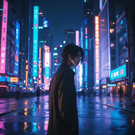 A vibrant cityscape at night, with neon lights reflecting off the wet pavement, capturing the essence of a mid-tempo pop song by Yasou Ressha, a male artist known for his emotive melodies. In the forefront, a lone figure walks away from the viewer, leaving...