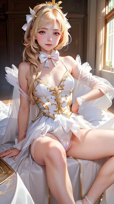 ((Upper Body)) ,((Upper Body head close-up shot of a beautiful )), , Elegant Long straight blonde hair, (Mckenna Grace), ((flat chest, svelte thighs, Auto-luminescence skin)), (white) golden (Ultra glittering transparent tutu,long Bunny Ear Headgear, , Bow...