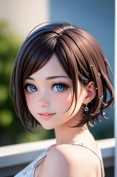 baby face, ( brown short hair :1.5,Halterbra:1.5), (photorealistic:1.8), (masterpiece, sidelights in the form of drops, Exquisitely Beautiful Eyes: 1.5), masterpiece* portraits, realistic, 3d face,(cute face), front view: 1.6、 ( Sparkling Blue Eyes :1.2),...