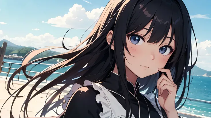 Anime girl character with flowing soft black hair, and wearing a dress, with Yorokobi's expression, with a outdoor background