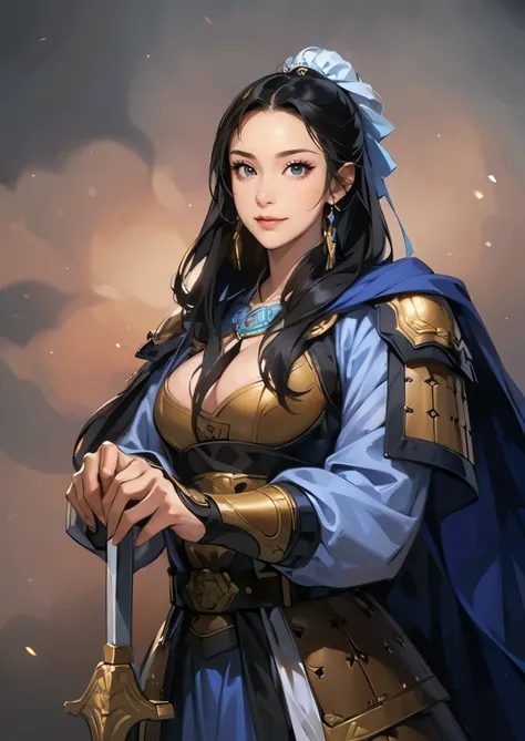 (((Maintain color ))), ((( picture style maintenance ))), ((Maintain the composition)), (((No background changes))),  attractive woman , perfect face, ((black eyes)), (( black hair)), (big boobs), (( Exposing Breasts)), armor,  small smile , 