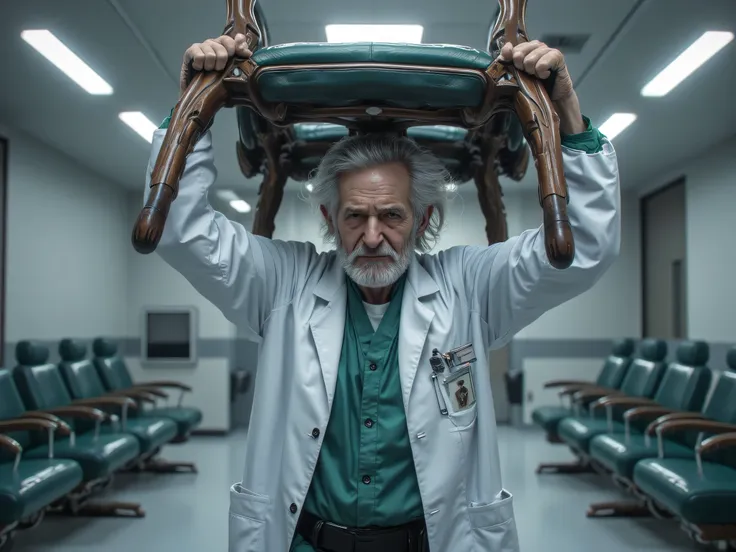 The old doctor lifts the chair over his head, Beautiful chairs, shout, , an angry gesture ,  in the hospital, images, Masterpiece, best quality,  Cool personality ,  Detailed image, front view