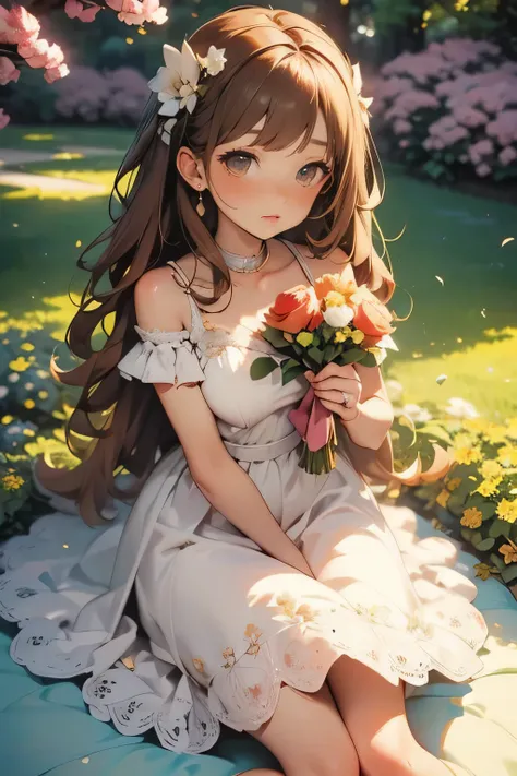 The delicate lace pattern on the, Holding a bouquet,  Long Wavy Brown Hair , dress that forced her to get married, stands in a lush garden with cherry trees in the background, soft, warm lighting, photorealistic on the bed, cinematic composition, very deta...